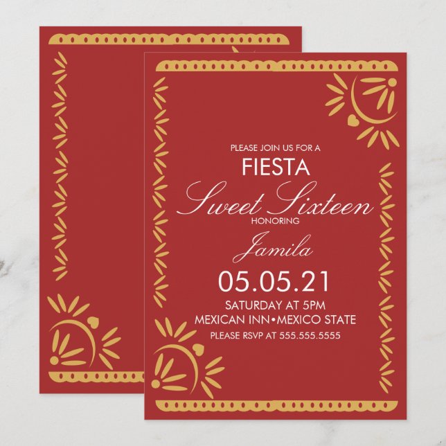 Papel Picado Fiesta Söt 16 Mexikansk Scallop Blå  Inbjudningar (Fram/baksida)