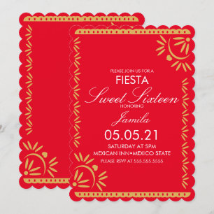 Papel Picado Fiesta Söt 16 Mexikansk Scallop Röd Inbjudningar