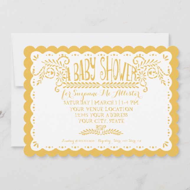 Papel Picado Flicka Shower Rosa Gult Fiesta Inbjudningar (Baksida)