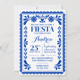 Papel Picado Födelsedagsinbjudan Blå Fiesta Inbjudningar