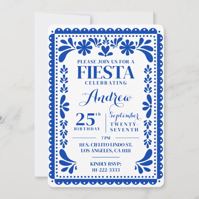 Papel Picado Födelsedagsinbjudan Blå Fiesta Inbjudningar (Framsida)