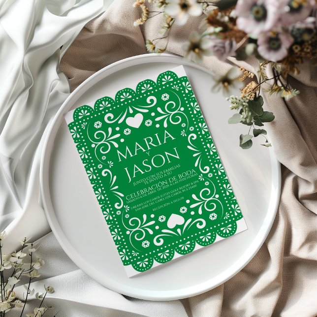 Papel Picado Grön Vit Folkkonst Spansk Bröllopsinb Inbjudningar (Papel Picado Green White Folk Art Spanish Wedding Invitation)