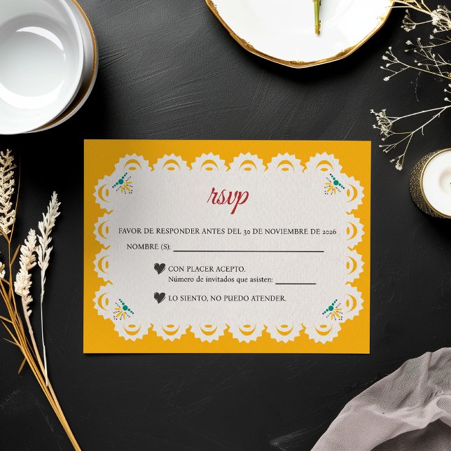 Papel Picado Gul Nuestra Boda Spansk Bröllop OSA Kort (Papel Picado Yellow Nuestra Boda Spanish Wedding RSVP Card)