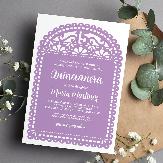 Papel Picado Inspired Lila Quinceanera Birthday Inbjudningar (Skapare uppladdad)