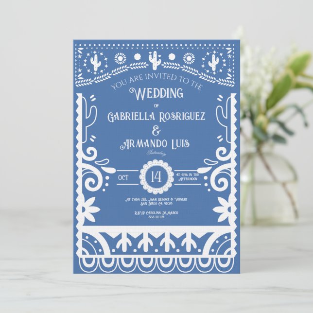 Papel Picado Light Blue & White Wedding Invitation Inbjudningar (Stående Fram)