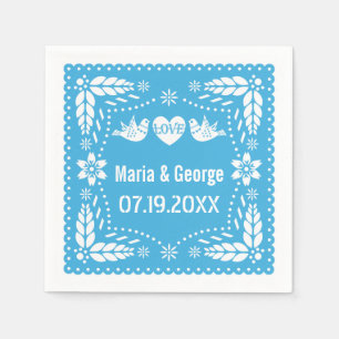Papel picado love birds blue bröllop fiesta pappersservett
