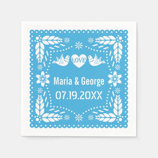 Papel picado love birds blue bröllop fiesta pappersservett (Framsidan)