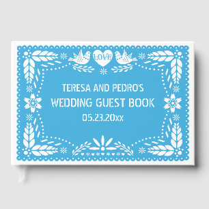 Papel picado love birds blue bröllop gäst bok