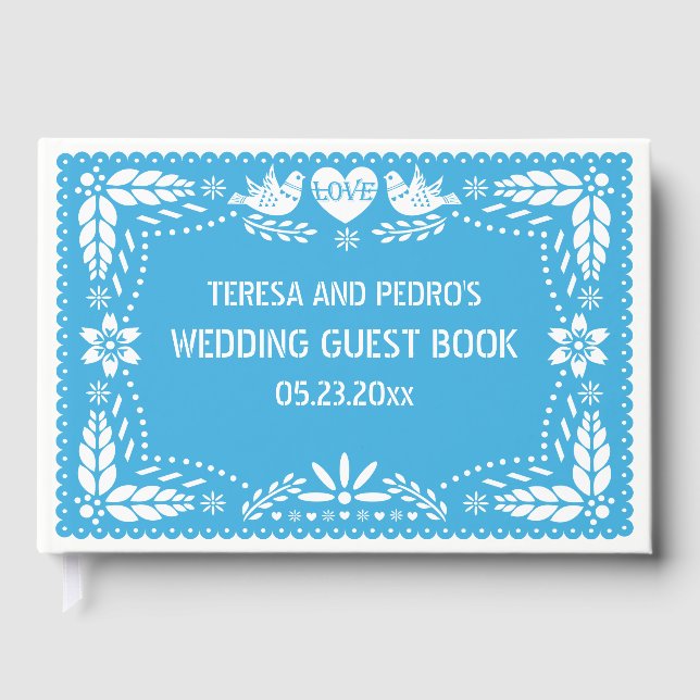 Papel picado love birds blue bröllop gäst bok (Framsida)