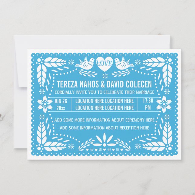 Papel picado love birds blue bröllop inbjudningar (Framsida)