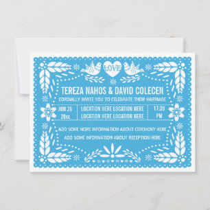 Papel picado love birds blue bröllop inbjudningar