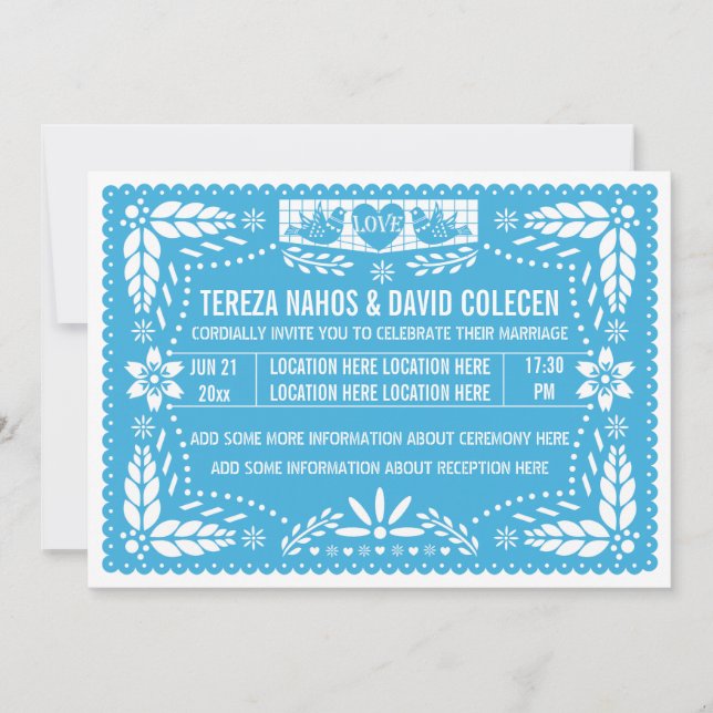 Papel picado love birds blue bröllop inbjudningar (Framsida)