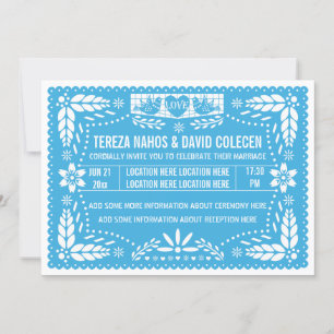 Papel picado love birds blue bröllop inbjudningar