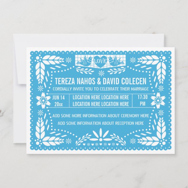 Papel picado love birds blue bröllop inbjudningar (Framsida)