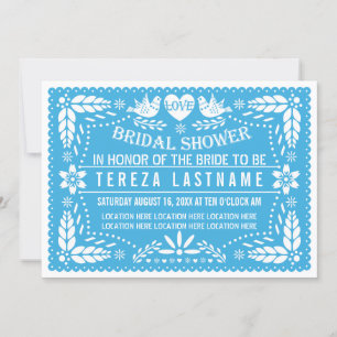 Papel picado love birds blue bröllop möhippa inbjudningar