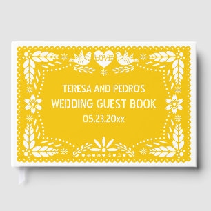 Papel picado love birds gult bröllop gäst bok