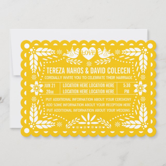 Papel picado love birds gult fiesta bröllop inbjudningar (Framsida)