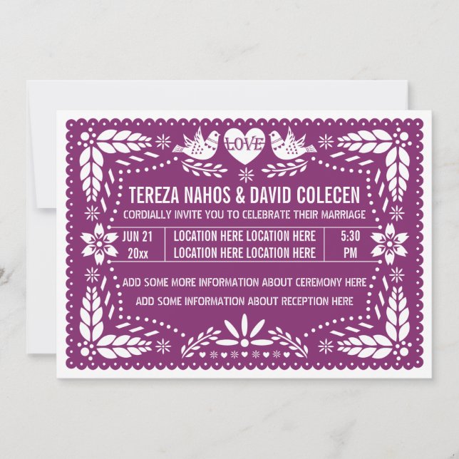 Papel picado love birds lila bröllop inbjudningar (Framsida)