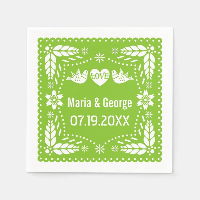 Papel picado love birds lime green bröllop fiesta pappersservett (Framsidan)