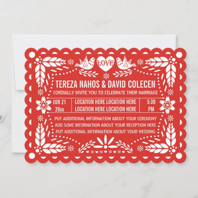 Papel picado love birds röd mexikansk fiesta bröll inbjudningar (Framsida)