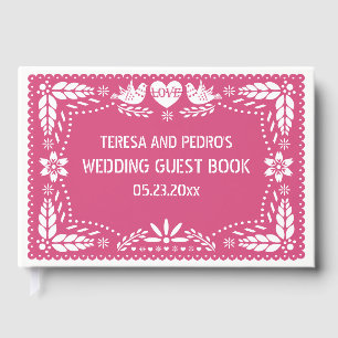 Papel picado love birds rosa bröllop gäst bok