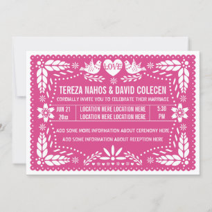 Papel picado love birds shock rosa bröllop inbjudningar