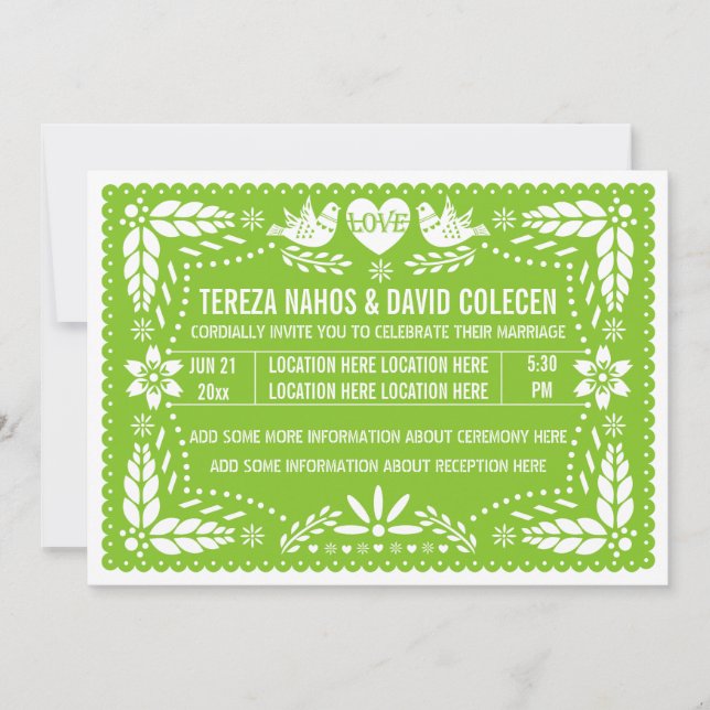 Papel picado love birds vår lime green bröllop inbjudningar (Framsida)