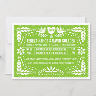 Papel picado love birds vår lime green bröllop inbjudningar