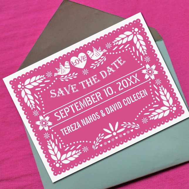 Papel picado lovebird rosa bröllop spara datum meddelande vykort (Skapare uppladdad)