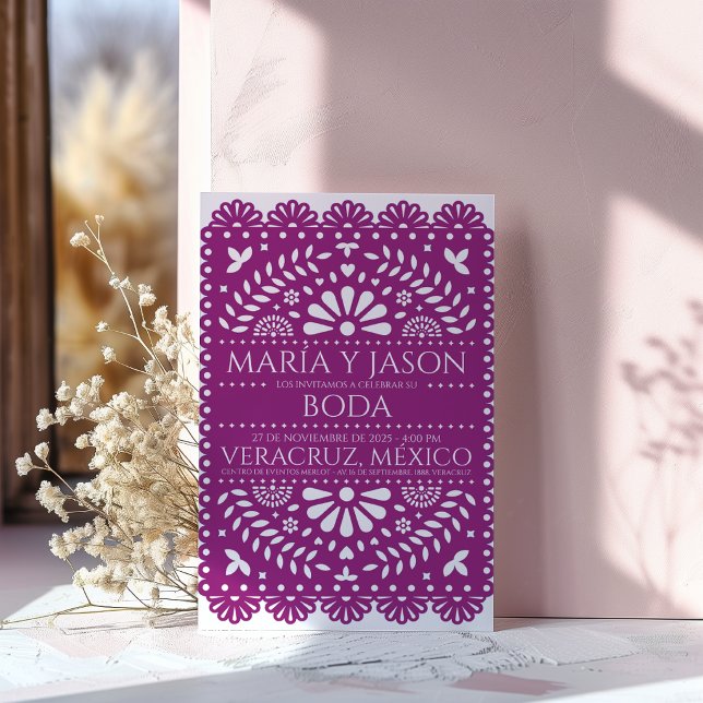 Papel Picado Magenta Folk Art Boda Spansk Bröllops Inbjudningar (Papel Picado Magenta Folk Art Boda Spanish Wedding Invitation)