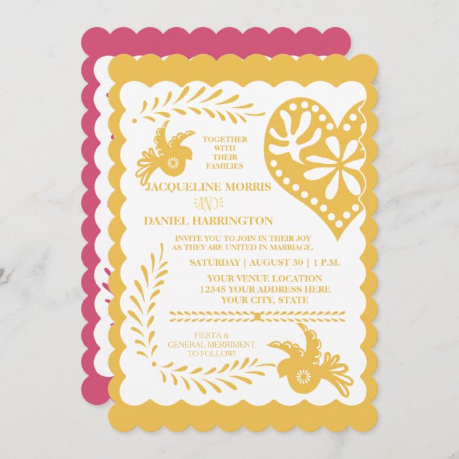 Papel Picado Mexican Fiesta Bröllop Banner Guld Inbjudningar (Fram/baksida)