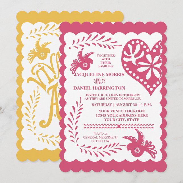 Papel Picado Mexican Fiesta Rosa Gult Bröllop  Inbjudningar (Fram/baksida)