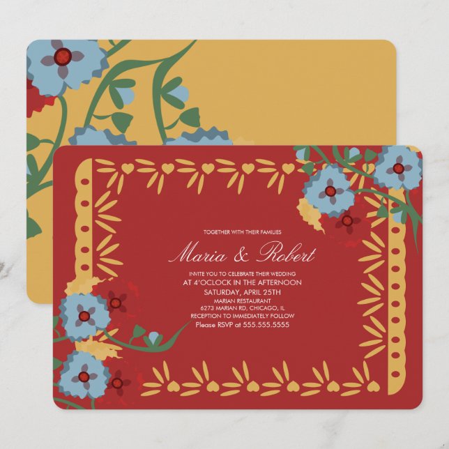 Papel Picado Mexikanska botaniska Blommigtar Fiest Inbjudningar (Fram/baksida)