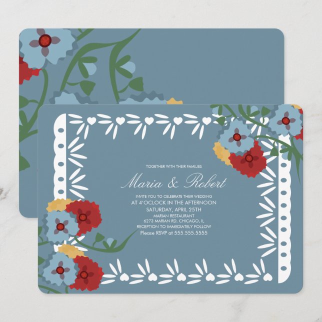 Papel Picado Mexikanska Botaniska Blommor Fiesta Inbjudningar (Fram/baksida)