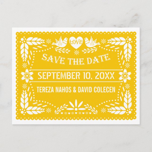 Papel picado modern gul bröllop Save the Date Meddelande Vykort (Framsida)