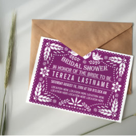 Papel picado, modern lila bröllop möhippa inbjudningar