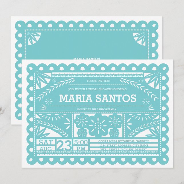 Papel Picado Möhippa Inbjudan - Blue (Fram/baksida)