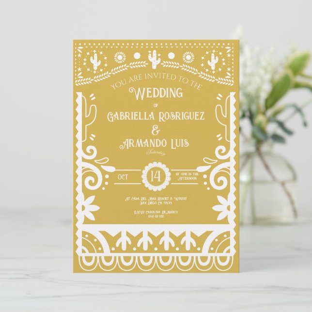 Papel Picado Mustard Yellow & White Wedding  Inbjudningar (Stående Fram)