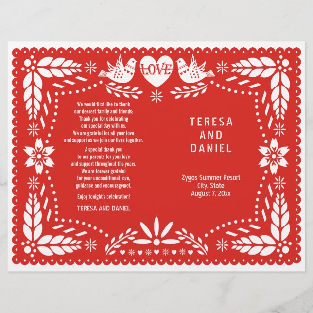 Papel Picado red bröllop fiesta vikt program (Framsida)