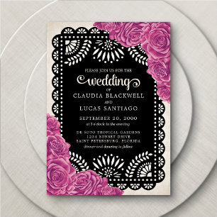 Papel Picado Ro Rosa Black Bröllop Inbjudningar