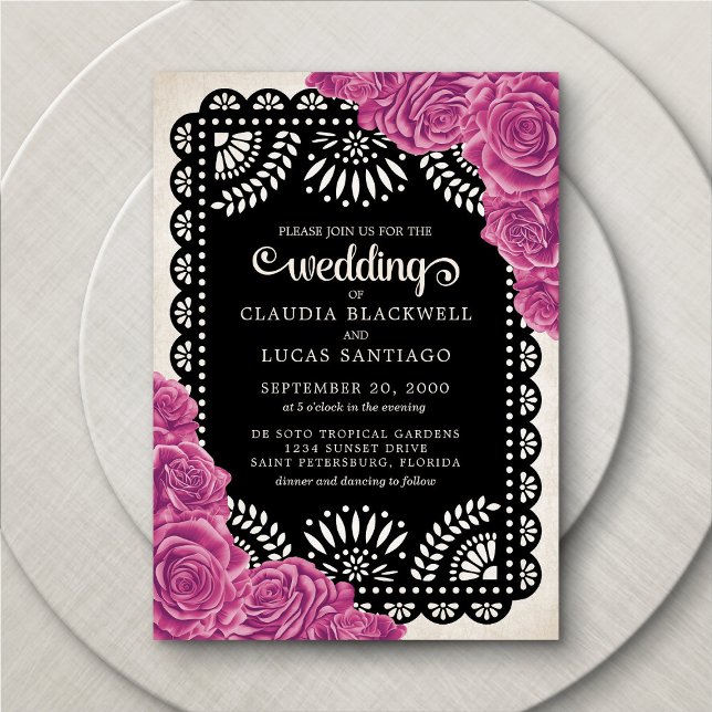 Papel Picado Ro Rosa Black Bröllop Inbjudningar (Skapare uppladdad)
