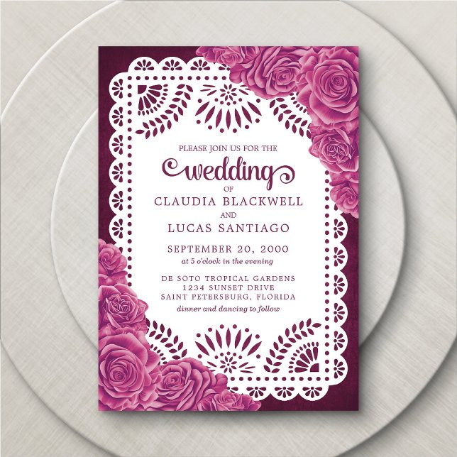 Papel Picado Ro Rosa Burgundy Bröllop Inbjudningar (Skapare uppladdad)