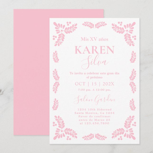 Papel Picado Rosa Quinceanera Inbjudningar (Fram/baksida)