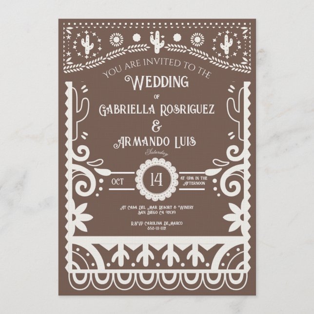 Papel Picado Rustic Brun & Vit Bröllopsinbjudan  Inbjudningar (Framsida)