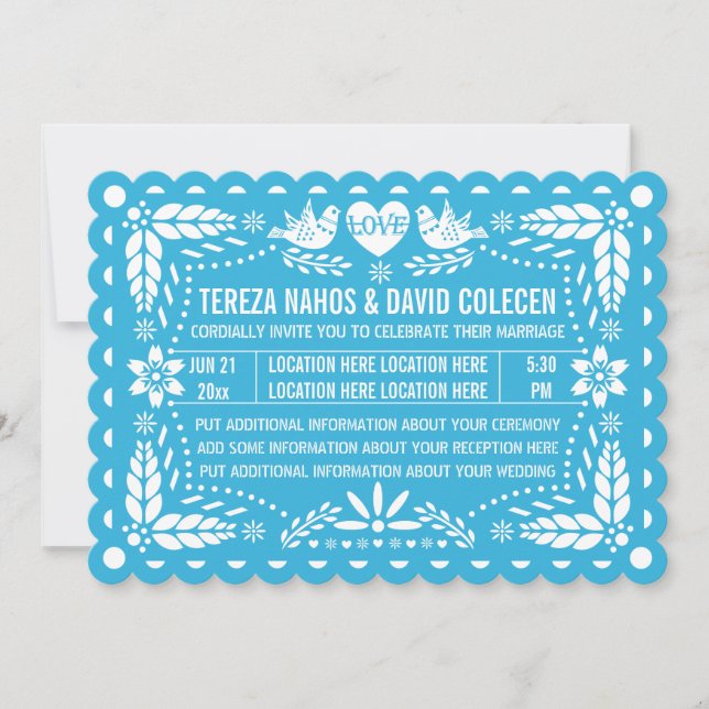 Papel picado stil love birds (blåfesta bröllop) inbjudningar (Framsida)