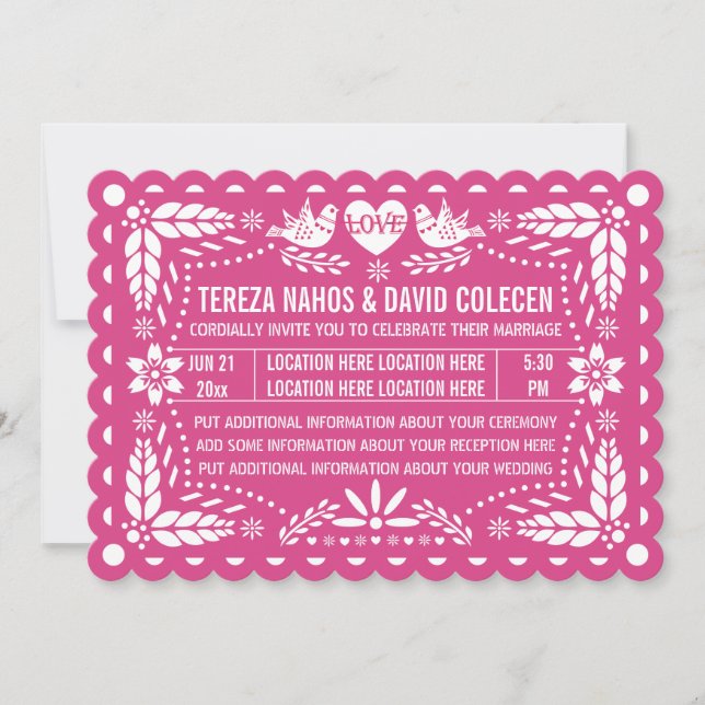Papel picado stil love birds rosa fiesta bröllop inbjudningar (Framsida)