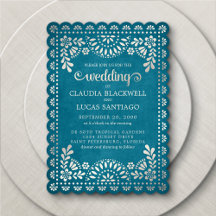 Papel Picado Teal bröllopsinbjudan
