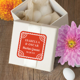 Papel Picado Warm Red Wedding Favor Sticker Fyrkantigt Klistermärke
