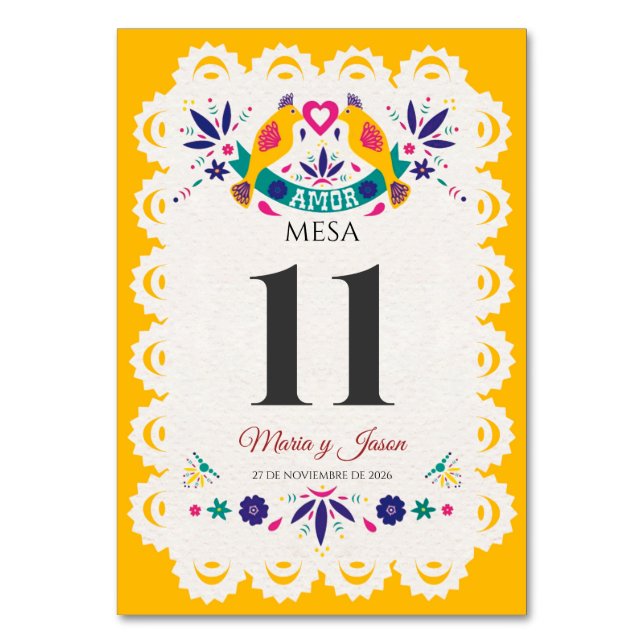 Papel Picado Yellow Nuestra Boda Spanish Wedding Bordsnummer (Framsidan)