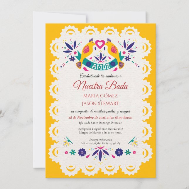 Papel Picado Yellow Nuestra Boda Spanish Wedding Inbjudningar (Framsida)